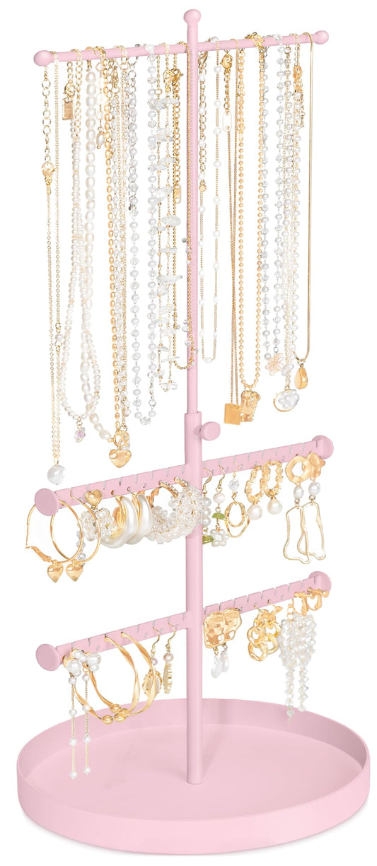 Jenseits Jewelry Holder Organizer Stand, 3 Tier Necklace Organizer Earring Holder Tree, Adjustable Height Jewelry Display Towers, Long Necklaces Bracelets Jewelry Storage Rack Gift For Women, Girls