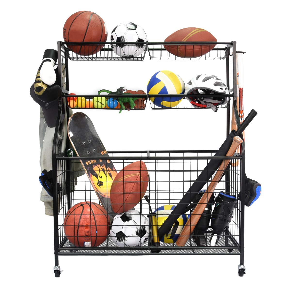 Kinghouse Sport Equipment Organizer for Garage, Steel Basketball Rack with Baseball Bat Holder and Hooks, Easy Assembly Storage for Balls, Kids' Toys, and Workout Gear in Basement, Home Gym, Outdoor