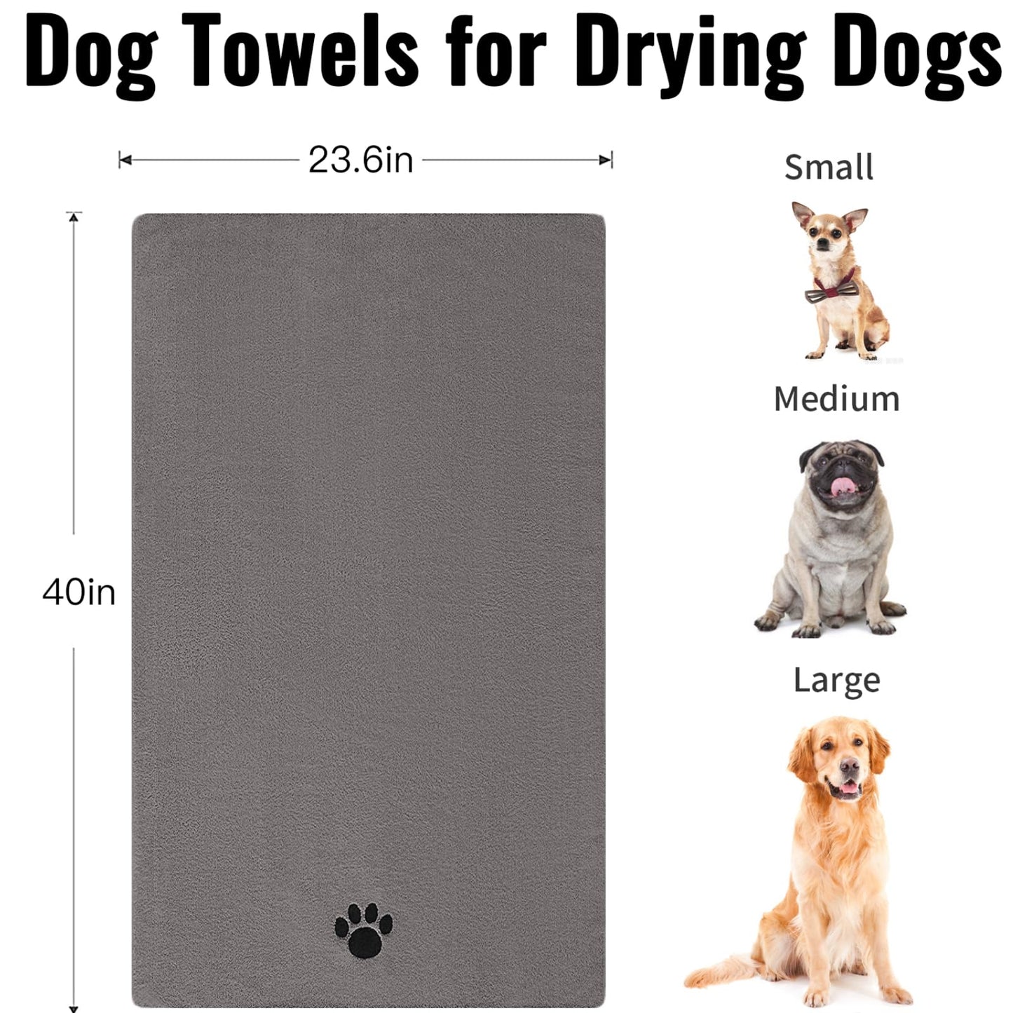Puomue Microfiber Dog Towels for Drying Dogs, Super Absorbent and Soft Pet Grooming Towel, 40 Inch X 23.6 Inch, Perfect Dog Shower & Bath Supplies for Large, Medium or Small Dogs, Grey