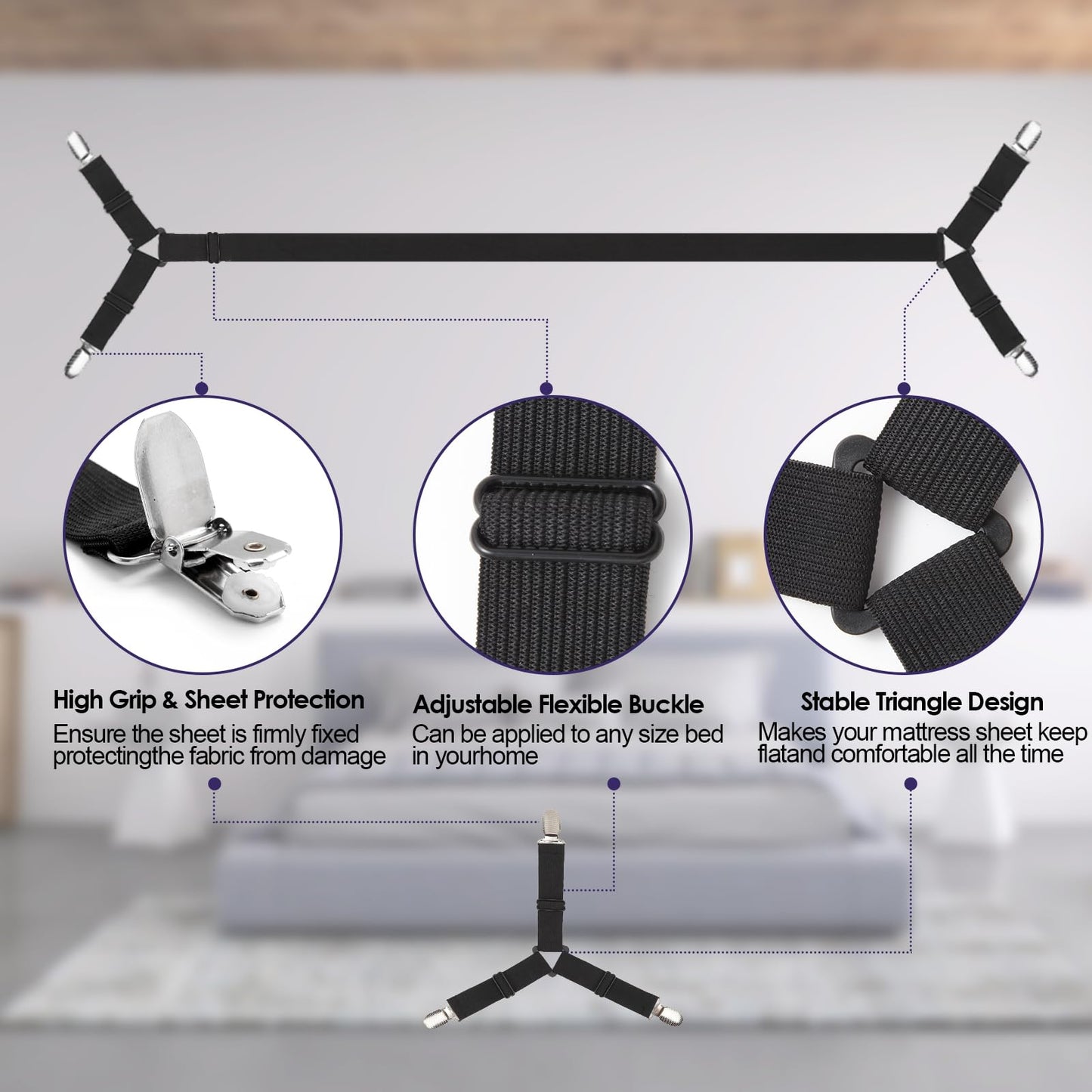 Luyena Bed Sheet Straps,6 PCS Secure and Fitted Sheet Straps for Full Size Bed,Adjustable Sheet Clips Elastic Fasteners Holders for Corners,Enhance Your Sleeping Experience(Black)