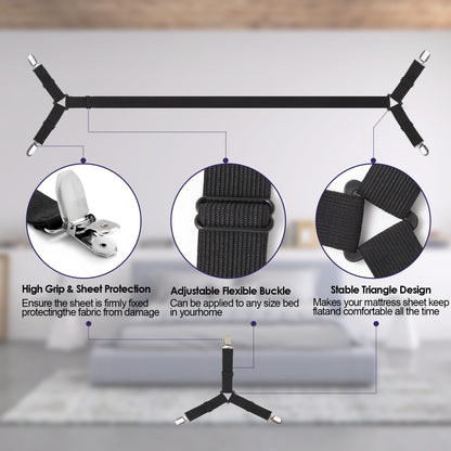 Luyena Bed Sheet Straps,6 PCS Secure and Fitted Sheet Straps for Full Size Bed,Adjustable Sheet Clips Elastic Fasteners Holders for Corners,Enhance Your Sleeping Experience(Black)