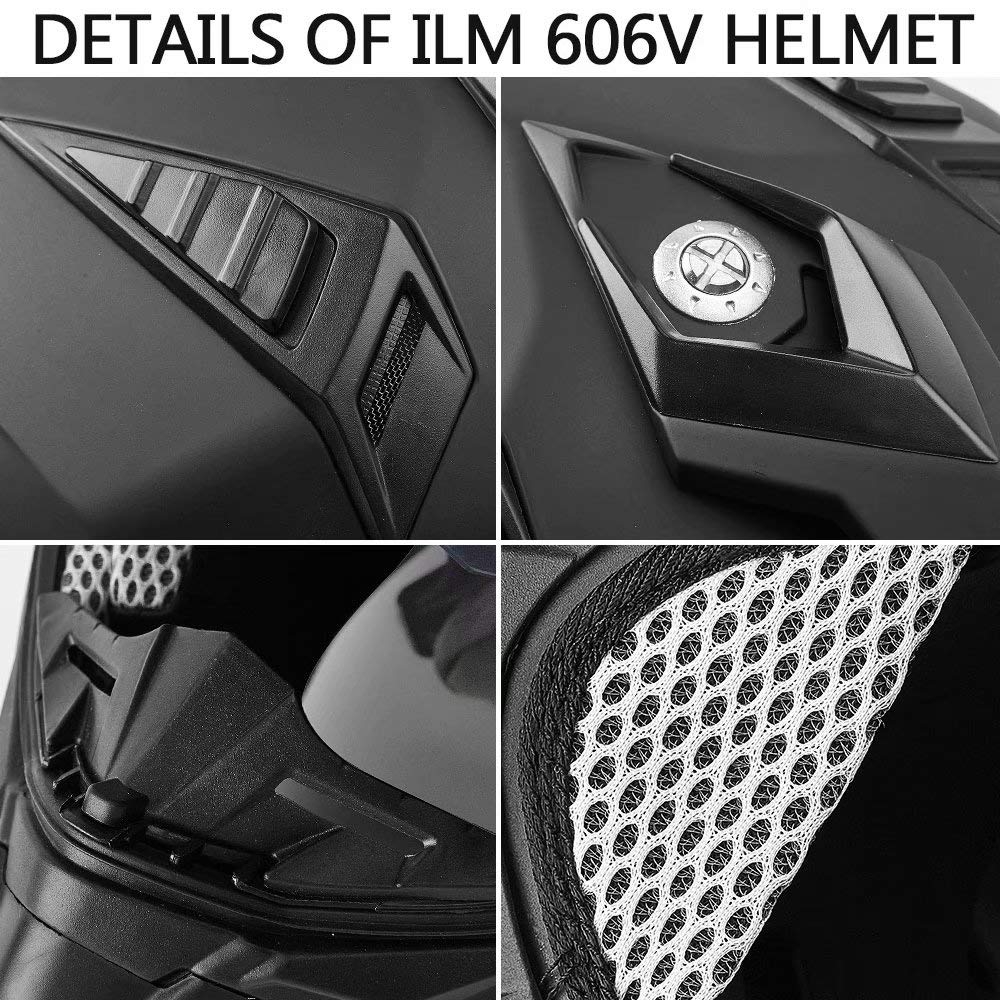 ILM Off Road Motorcycle Dual Sport Helmet Full Face Sun Visor Dirt Bike ATV Motocross Casco DOT Certified Model 606V (Matte Black, Large)