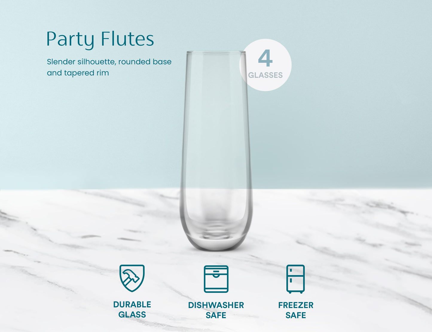 KooK Stemless Glass Champagne Flutes, Cocktail Cups for Rose, 9.4 oz (Classic Set of 4) Prosecco, Mimosa, Great for Weddings and Parties, Dishwasher Safe