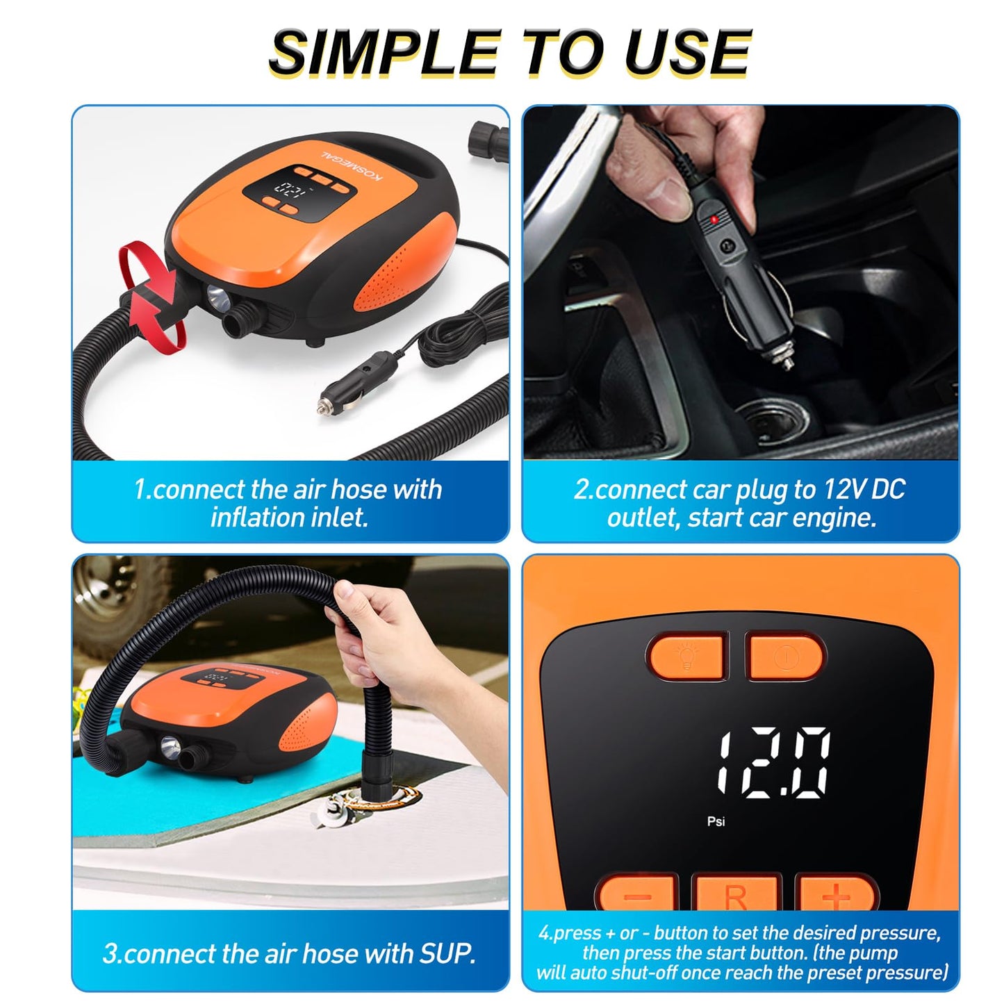 Paddle Board Pump Electric Portable, KOSMEGAL SUP Pump for Paddleboard, Professional 20PSI Air Compressor with Auto-Off, Deflation Function and 12V DC Car Connector for Inflatables, Kayaks and Boats