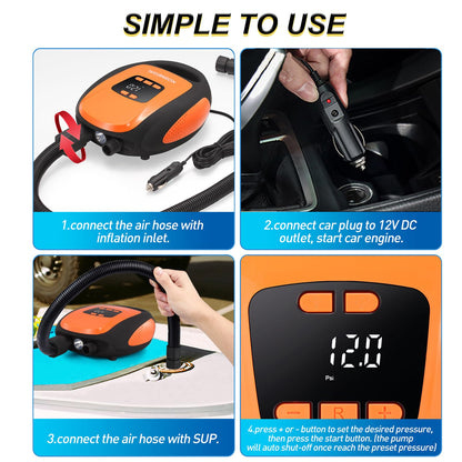 Paddle Board Pump Electric Portable, KOSMEGAL SUP Pump for Paddleboard, Professional 20PSI Air Compressor with Auto-Off, Deflation Function and 12V DC Car Connector for Inflatables, Kayaks and Boats