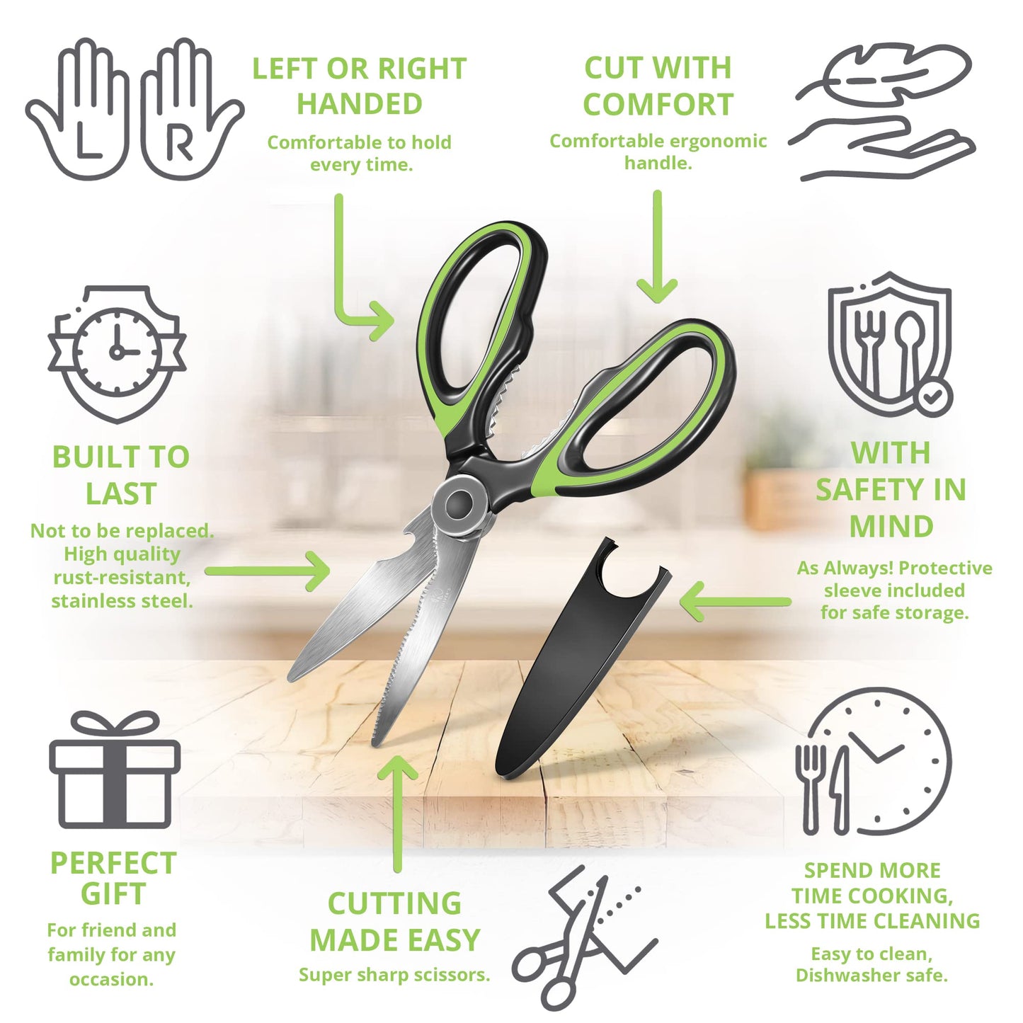 Oliver's Kitchen ® Kitchen Shears - Super Sharp & Heavy Duty Kitchen Scissors - Multifunctional with built in Bottle Opener & Safety Cover