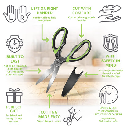Oliver's Kitchen ® Kitchen Shears - Super Sharp & Heavy Duty Kitchen Scissors - Multifunctional with built in Bottle Opener & Safety Cover