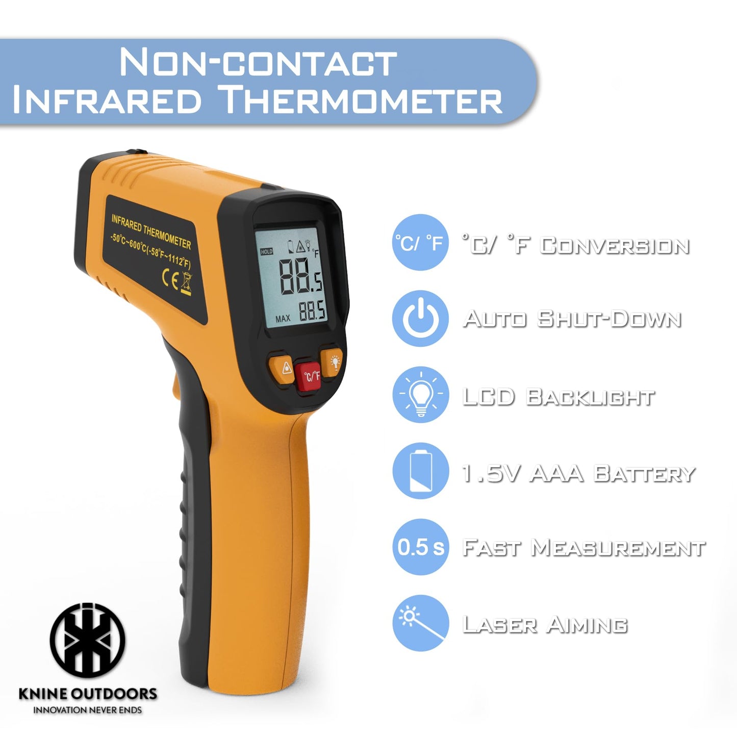 KNINE OUTDOORS Infrared Thermometer Laser Temperature Gun, -58℉ to 1112℉, Single Laser Targeting, Distance to Spot Ratio 12:1, for Cooking, Oven and Meat (Orange)
