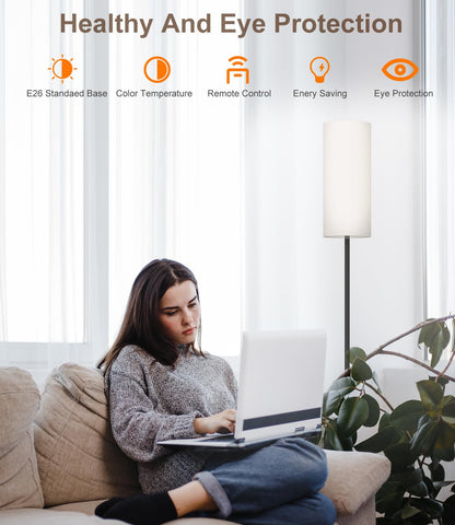 luckystyle LED Floor Lamp for Living Room, Dimmable Standing Lamps with Foot Switch,Remote Custom Color Temperature Black Pole Lamp with Lampshade,12W Led Bulb Tall Lamps for Bedroom Office Kid Room