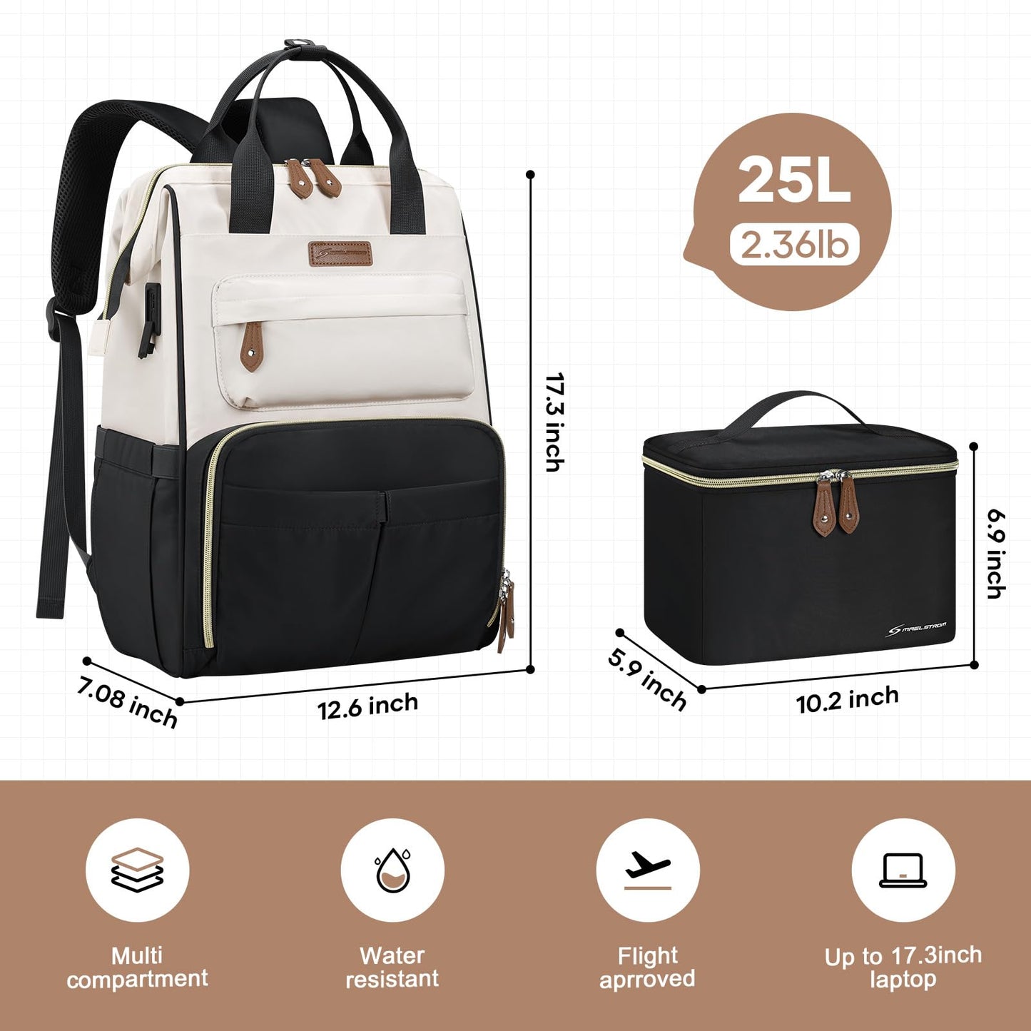 Maelstrom Travel Backpack for Women Men,Laptop Backpack Fits 15.6-17.3 Inch Laptop, Nurse/Teacher/Work Bag with Insulated Lunch Box,Water Resistant Carry On Backpack,Black-Beige