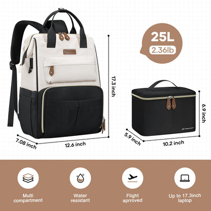 Maelstrom Travel Backpack for Women Men,Laptop Backpack Fits 15.6-17.3 Inch Laptop, Nurse/Teacher/Work Bag with Insulated Lunch Box,Water Resistant Carry On Backpack,Black-Beige