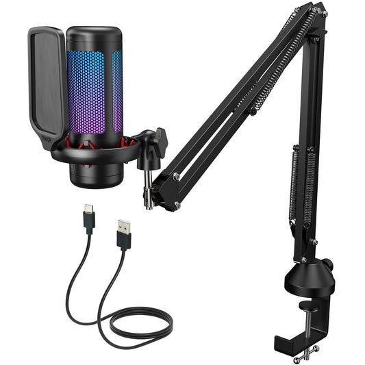 Gaming USB Microphone Set for PC, TONOR RGB Condenser Mic with Boom Arm Quick Mute, RGB Lighting, Pop Filter, Shock Mount, Gain Control for Streaming Podcasting Recording Discord Twitch YouTube TC310+