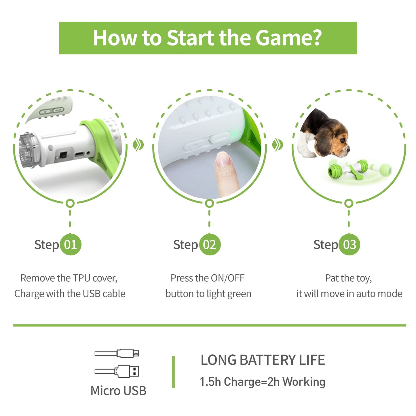 PETGEEK Interactive Dog Bone Toy, Automatic Dog Chase Toy, Electronic Pet Toys for Medium/Large Dog Boredom, USB Rechargeable Safe Material, Green Color