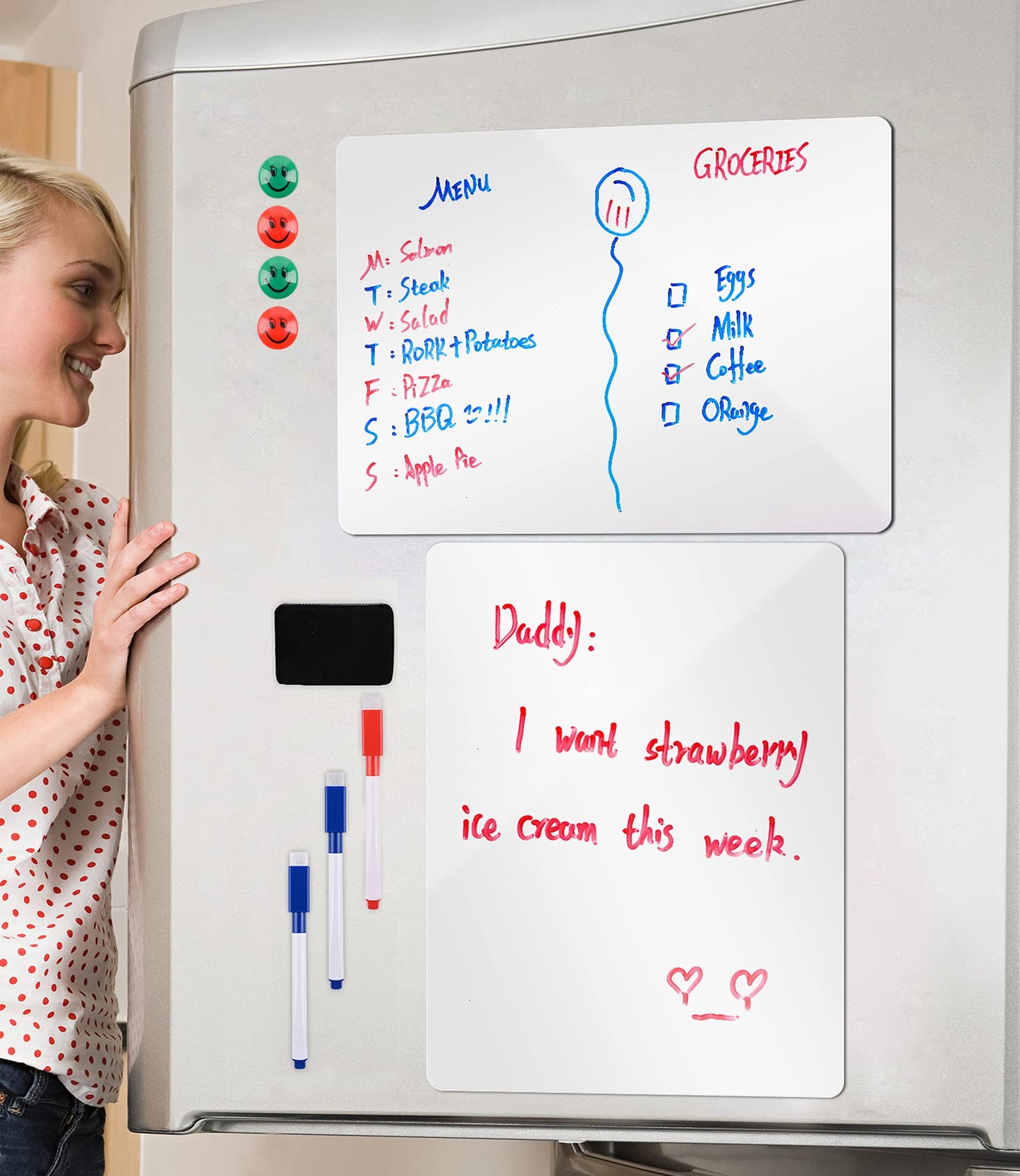Magnetic Dry Erase White Boards for Refrigerator, 2 Pack 17”x12” Fridge Whiteboards Menu Organizer Boards, 3 Markers with Eraser, 1 Big Dry Eraser and 4 Pin Magnets for Grocery List, Planner, Kitchen
