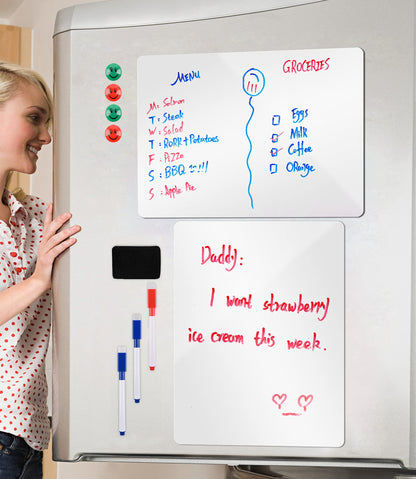 Magnetic Dry Erase White Boards for Refrigerator, 2 Pack 17”x12” Fridge Whiteboards Menu Organizer Boards, 3 Markers with Eraser, 1 Big Dry Eraser and 4 Pin Magnets for Grocery List, Planner, Kitchen