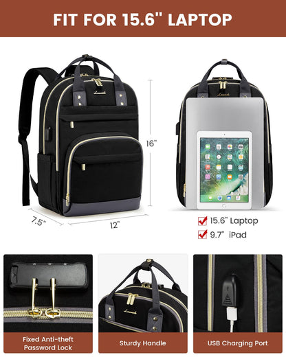 LOVEVOOK Laptop Backpack for Women, Unisex Travel Anti-theft Bag, Business Work Computer Backpacks Purse for Men, Casual Hiking Daypack with Lock, 15.6 Inch, Black-Grey