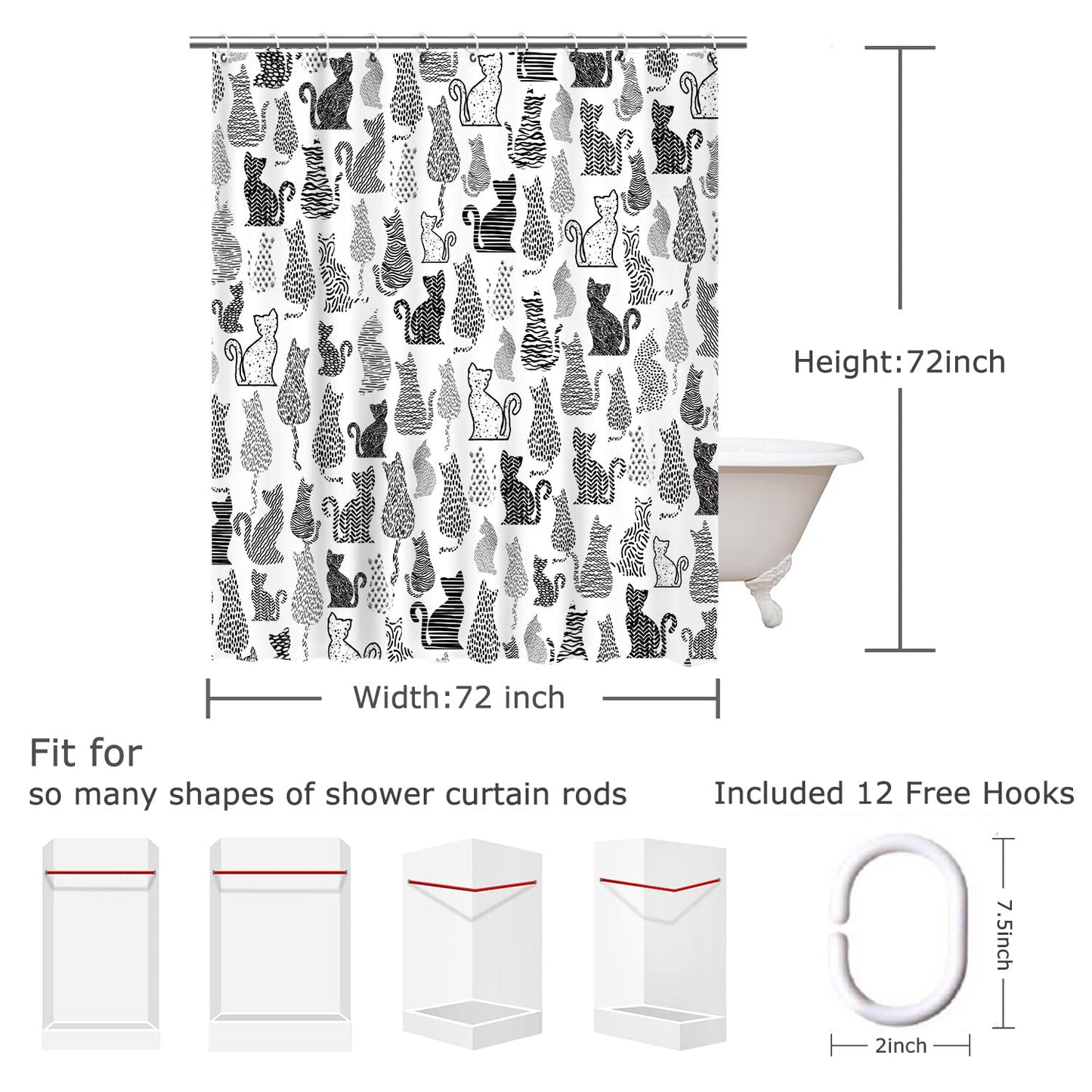 LIVILAN Cat Shower Curtain for Bathroom Cute Shower Curtain with 12 Hooks Kitten Animal Decorative Black and White Fabric Bath Curtain Gift for Cat Lovers Kids and Girls Machine Washable (72"W X 72"H)