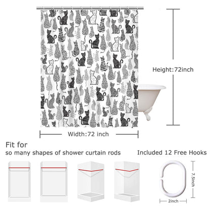 LIVILAN Cat Shower Curtain for Bathroom Cute Shower Curtain with 12 Hooks Kitten Animal Decorative Black and White Fabric Bath Curtain Gift for Cat Lovers Kids and Girls Machine Washable (72"W X 72"H)