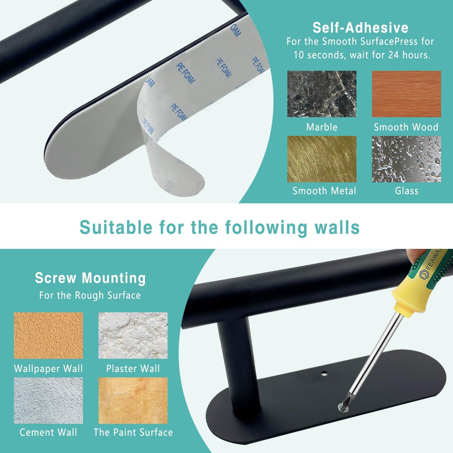 Paper Towel Holder, Self Adhesive or Drilling Paper Towel Holder Under Cabinet, Stainless Steel Black Paper Towel Holders Wall Mount for Kitchen, Bathroom, Sink, Pantry, Fridge