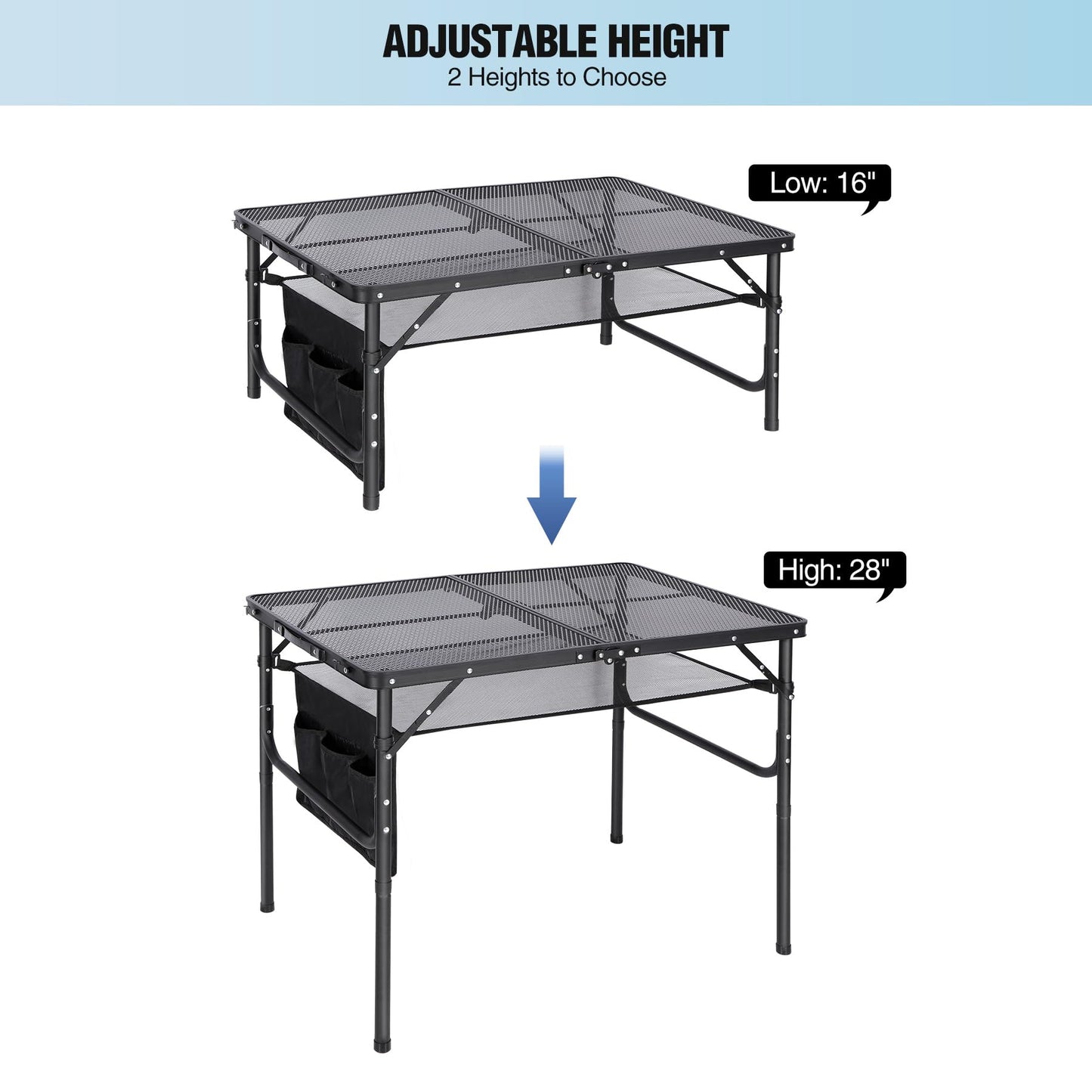 RedSwing Folding Grill Table,Aluminum Portable Grill Stand Table for Outdoor Camping Picnic BBQ Lightweight, Adjustable Height, 36''x24''x16/28'', Black