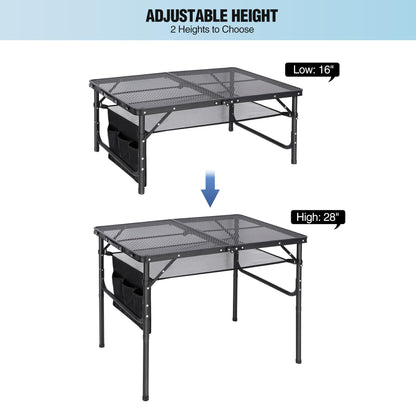 RedSwing Folding Grill Table,Aluminum Portable Grill Stand Table for Outdoor Camping Picnic BBQ Lightweight, Adjustable Height, 36''x24''x16/28'', Black