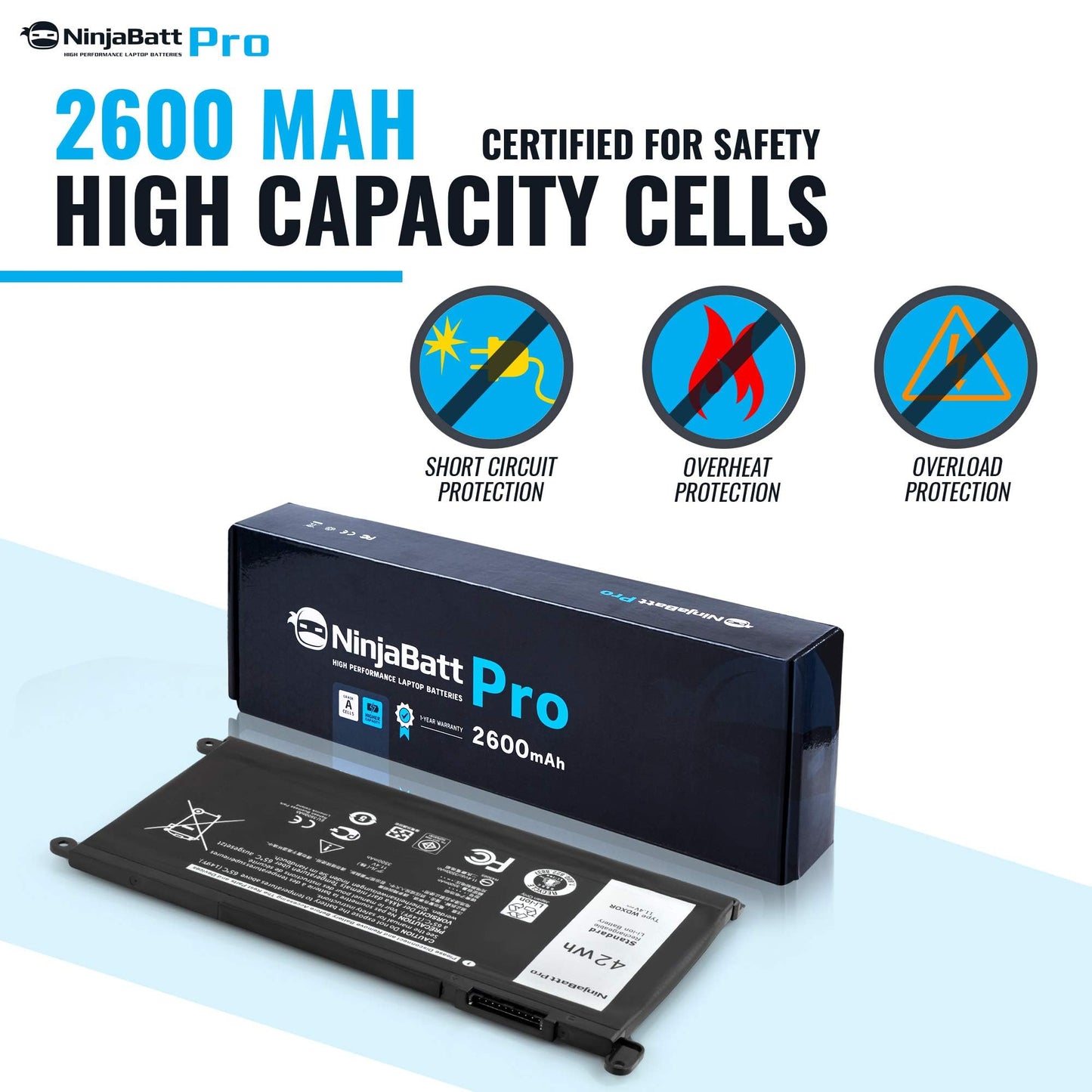 NinjaBatt 1000+ Charge Cycles Battery for Dell WDX0R YRDD6 (Except 5580) P69G FW8KR Inspiron 13-17 5000/7000, 7573 7378 5567 7579 5767 5379 5579 5584 7569 5368 7368 7278 7375 5770 5378 - [42Wh/11.4v]