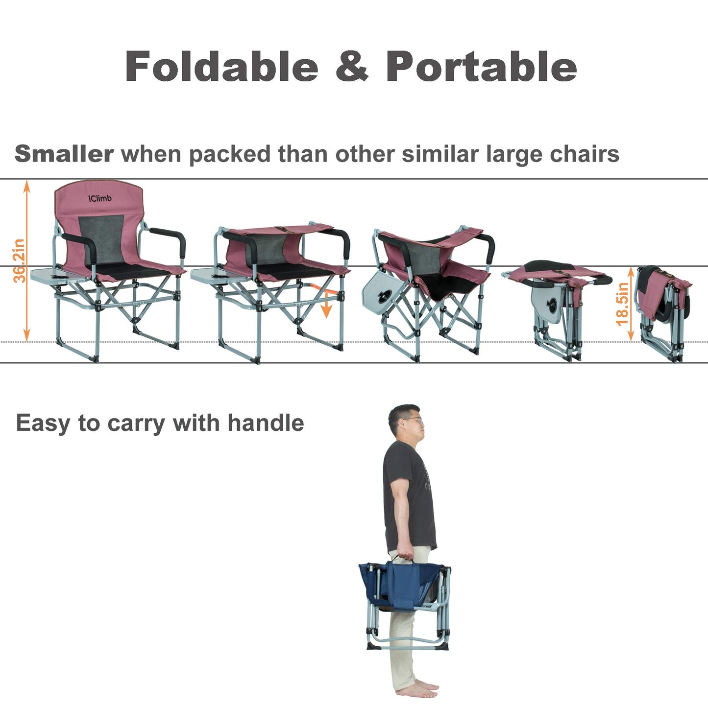 iClimb Heavy Duty Compact Camping Folding Mesh Chair with Side Table and Handle (Black, 2PC)