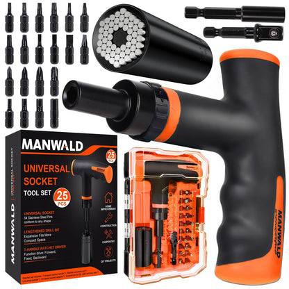 MANWALD Universal Socket Tool Set, Ratcheting T-Handle Screwdriver Set with Power Drill Adapter, Fathers Day Dad Gifts from Daughter Wife Son, Gifts for Him Men Husband, Boyfriends, Orange, Black