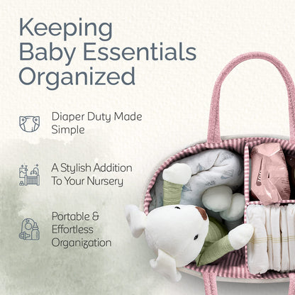 KiddyCare Woven Diaper Caddy Organizer, Large Gray Multi Functional Portable Baby Basket with Handle, Baby Gift for Boy/Girl Nursery Storage, Organization, and Modern Car Diaper Caddy Pink X-Large
