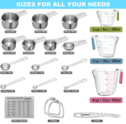 AIKEXIN 20-Piece Measuring Cups and Spoons Set, Nesting Stainless Steel Measuring Cups Spoons with Plastic Measuring Cup for Dry and Liquid Ingredients, Kitchen Cooking & Baking Gadgets