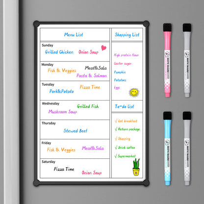Magnetic Weekly Calendar for Fridge,12×8” , Doubleside, Grocery List, Kitchen Menu Planner Board for Fridge/Locker, 4 Marker