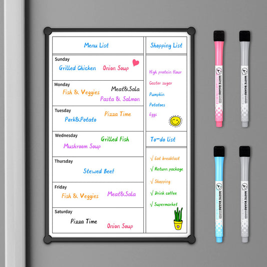 Magnetic Weekly Calendar for Fridge,12×8” , Doubleside, Grocery List, Kitchen Menu Planner Board for Fridge/Locker, 4 Marker