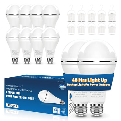BoRccdit KeepLit 10 Pack Emergency Rechargeable Light Bulbs, 48H Long Lasting & 3 Brightness, 12W 5000K Battery Backup Emergency Light Bulbs for Home Power Outage Camping Hurricane