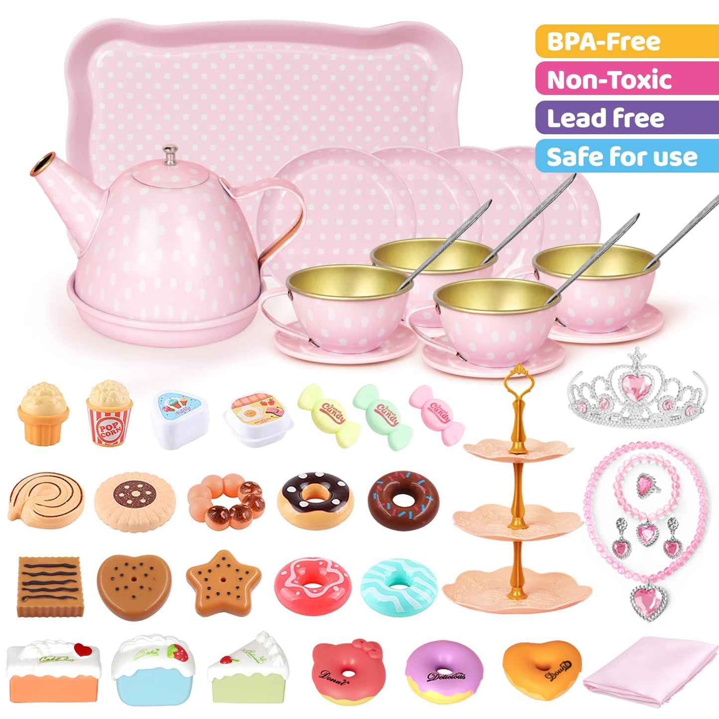 iAOVUEBY Tea Party Set for Little Girls, 49PCS Princess Tea Time Toys Including Tea Set Dessert Carrying Case, Kids Kitchen Pretend Playset, Tea Set for Girls Birthday Toddler Age 3-8, Pink