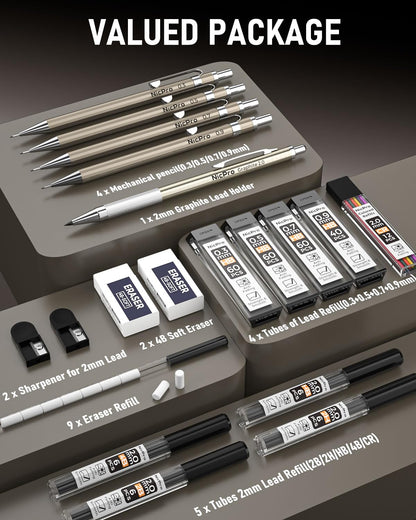 Nicpro 5 PCS Art Mechanical Pencils Set, Metal Drafting Pencil 0.3 & 0.5 & 0.7 & 0.9 & 2mm Graphite Lead Holder(4B 2B HB 2H Colored) for Sketching Drawing With Lead Refills Eraser Case