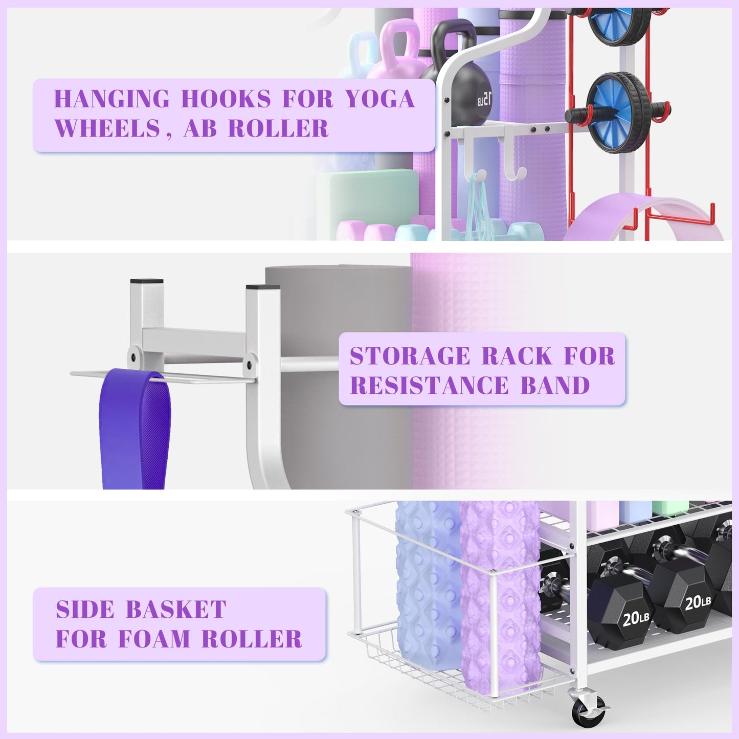 Mythinglogic Yoga Mat Storage Racks,Home Gym Storage Rack for Dumbbells Kettlebells Foam Roller, Yoga Strap and Resistance Bands, Workout Equipment Storage Organizer With Hooks and Wheels