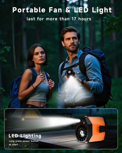 JKBOOM 2025 Smart Portable Rechargeable Fan with LED Light & 25H Runtime, 4-Speed 9200RPM Turbo Cooling Personal Waist Fan, Wearable Neck & Belt Clip for Camping, Outdoor, Hiking - Orange