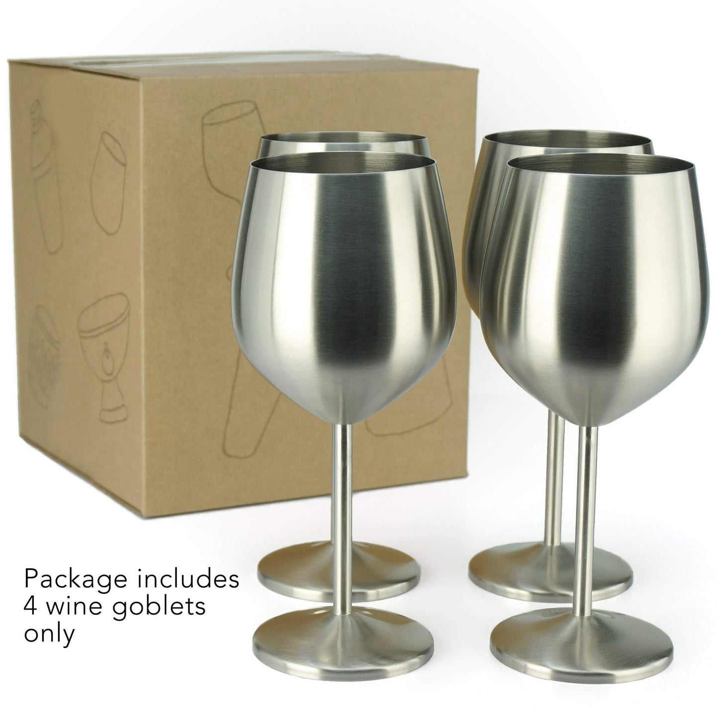 PG Set of 4 Stainless Steel Wine Glass - 18.5oz Silver Brush Finished Wine Glasses - Unbreakable Wine Glasses - Stem Metal Wine Goblets