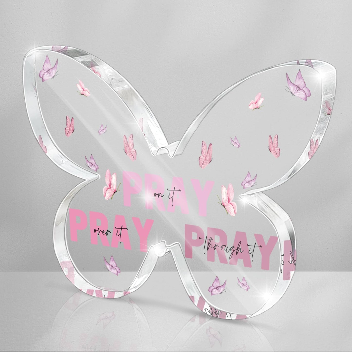 Pink Christian Gifts for Women, Religious Plaques Christian Woman Decor Gifts, Modern Home Office Room Bathroom Bedroom, Pray On It Over It Acrylic Sign for Teacher Boss Friend(Butterfly)