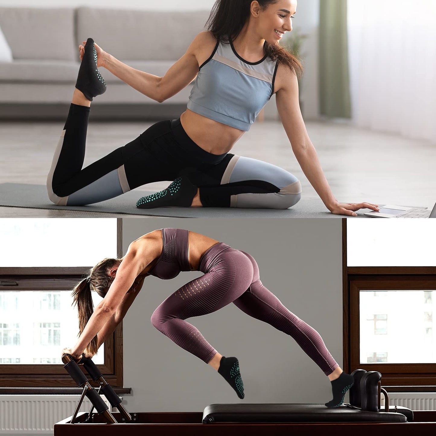 Pilates Socks for Women, Cushioned Ankle Grippy Non Slip Socks for Yoga, Hospital, Barre, Sports Home Slipper Sock 4 Pairs Black Size 9-11