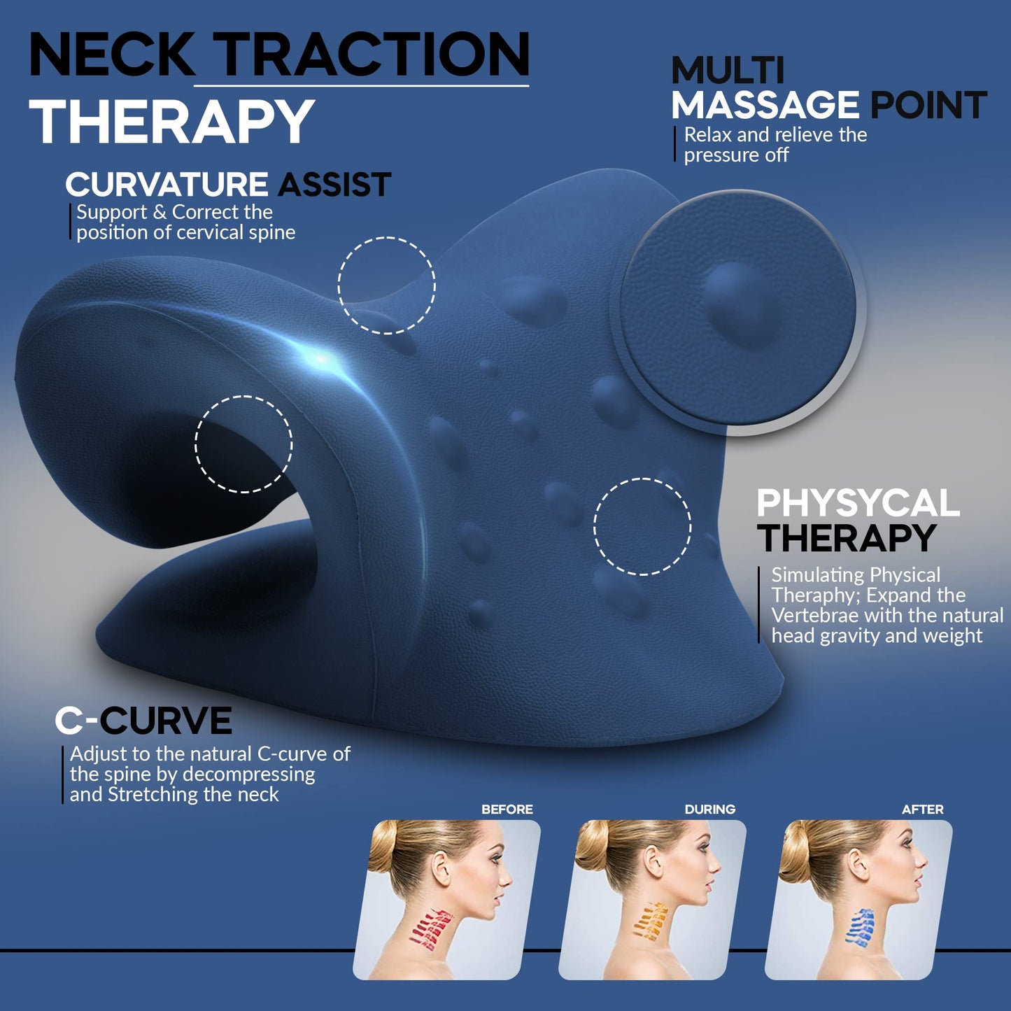 iBYWM Neck Stretcher & Posture Corrector for Women and Men, Cervical Traction for Spine Alignment, Adjustable Upper Back Brace & Elastic Support for Shoulder Back Pain Relief (Dark Blue)