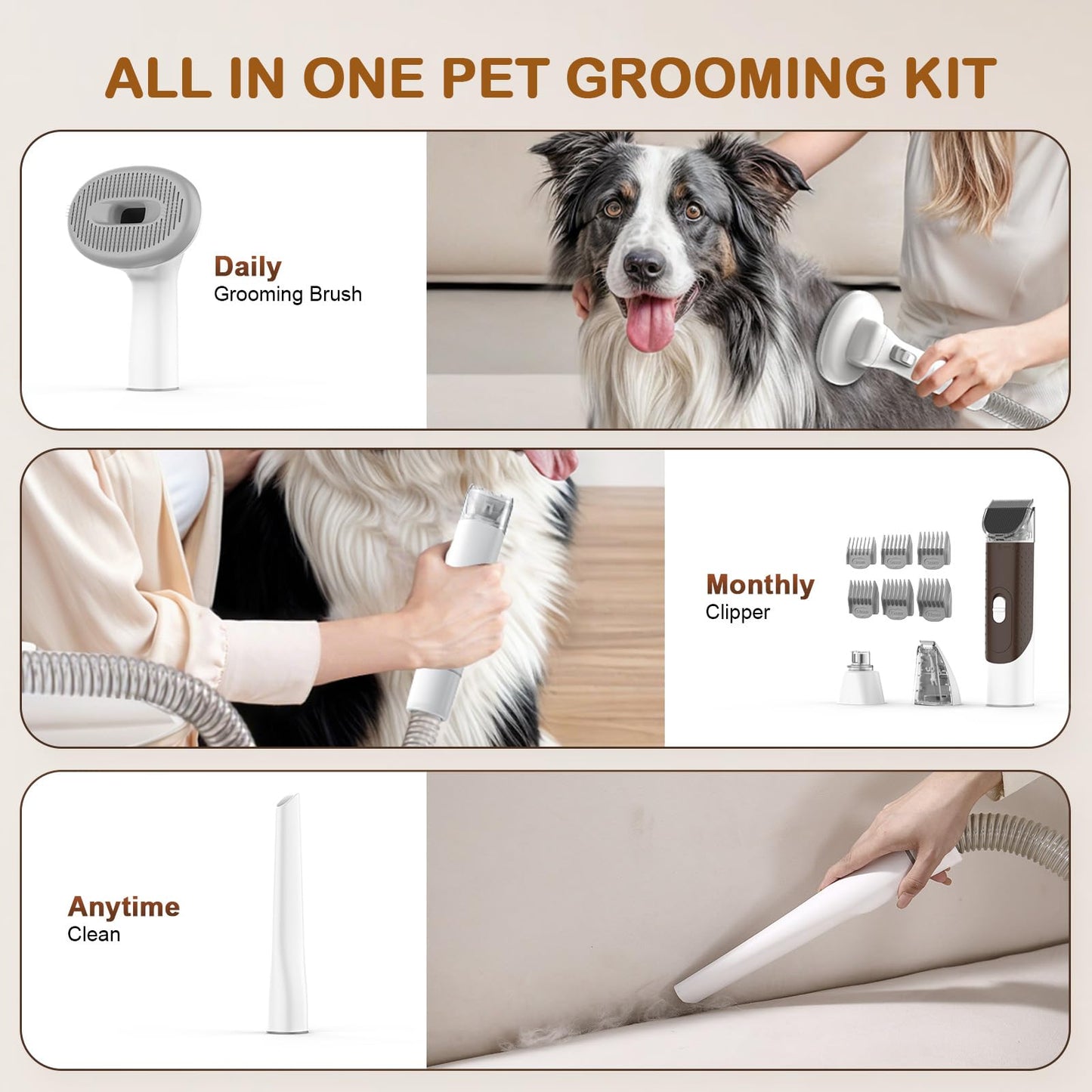 Ozumek Dog Grooming Vacuum, Dog Grooming Kit with Pet Clipper Nail Grinder, 3 Suction Modes Dog Brush Vacuum with 6 Pet Grooming Tools (Brown)