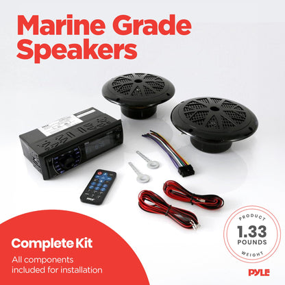 Pyle Marine Headunit Receiver Speaker Kit - In-Dash LCD Digital Stereo Built-in Bluetooth & Microphone w/ AM FM Radio System 5.25’’ Waterproof Speakers (2) MP3/SD Readers & Remote Control-PLMRKT46BK