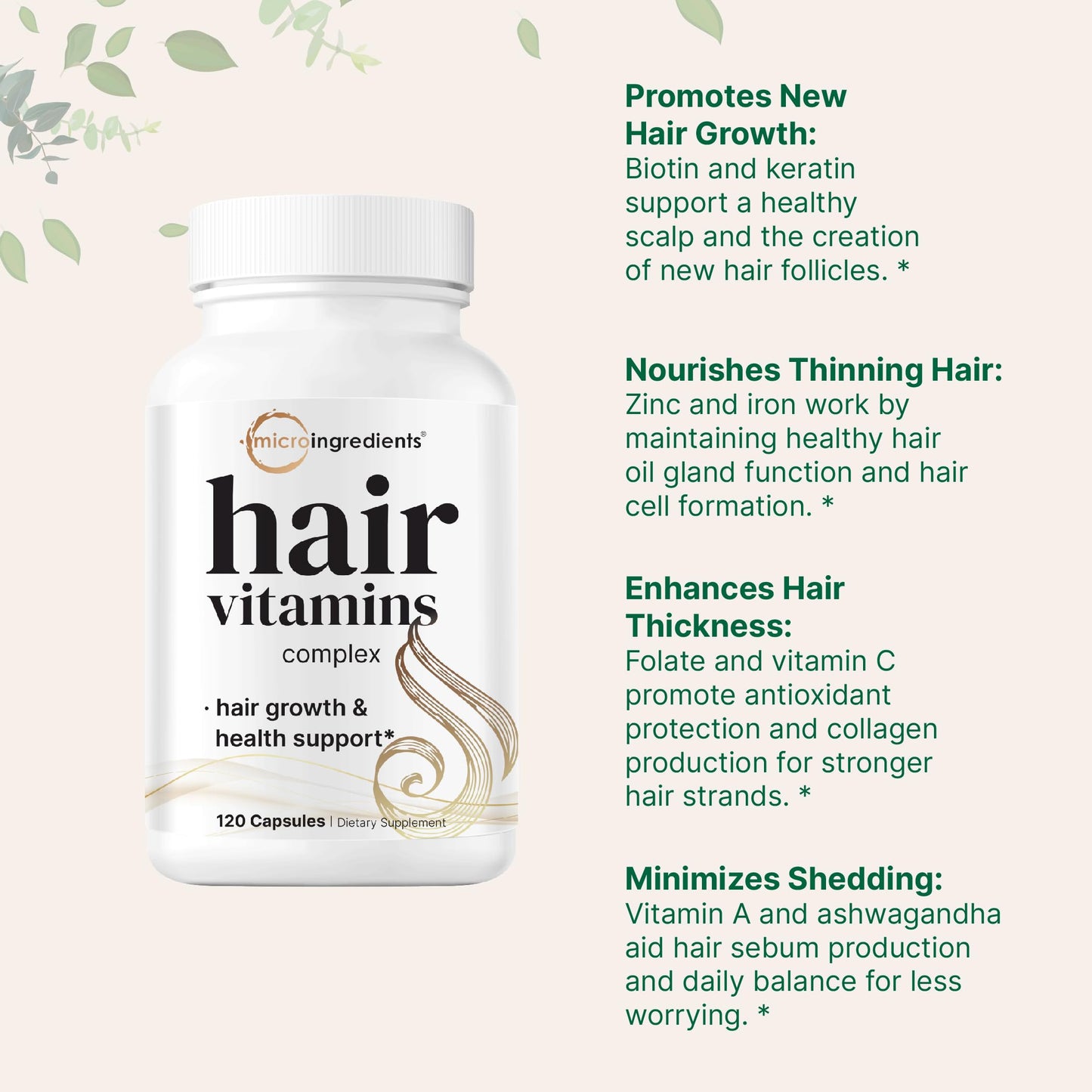Micro Ingredients Hair Growth Vitamins for Women & Men, 120 Capsules | 14-in-1 Formula with Biotin, Collagen, Keratin, Saw Palmetto & More | Thicker, Fuller, Nourishes Thinning & Loss Hair Support