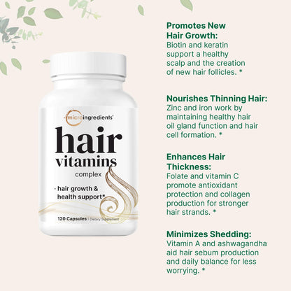 Micro Ingredients Hair Growth Vitamins for Women & Men, 120 Capsules | 14-in-1 Formula with Biotin, Collagen, Keratin, Saw Palmetto & More | Thicker, Fuller, Nourishes Thinning & Loss Hair Support