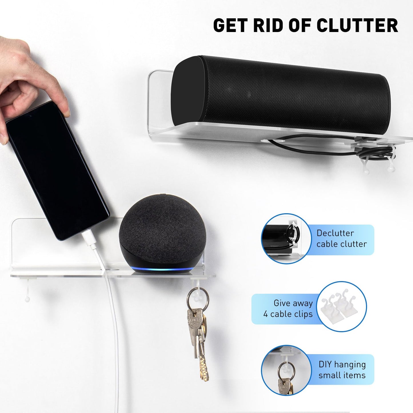 OAPRIRE Clear Acrylic Floating Shelves Set of 2 - Easily Expand Wall Space - Small Wall Shelf with Strong Adhesive for Bathroom, Bedroom, etc