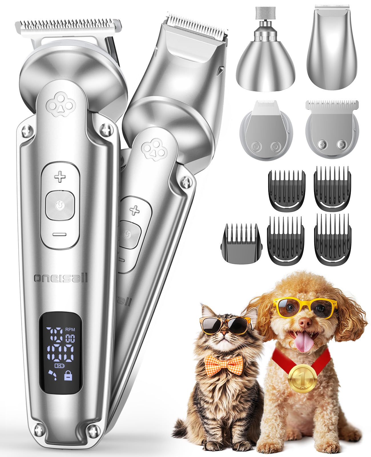 oneisall Small Dog Clippers and Paw Trimmer with Low Noise, 4 - in - 1 Cordless Dog Grooming Kit with 3 - Level Speed Clippers (7000 RPM) for Grooming Thick Hair, Waterproof Shaver for Dogs and Cats