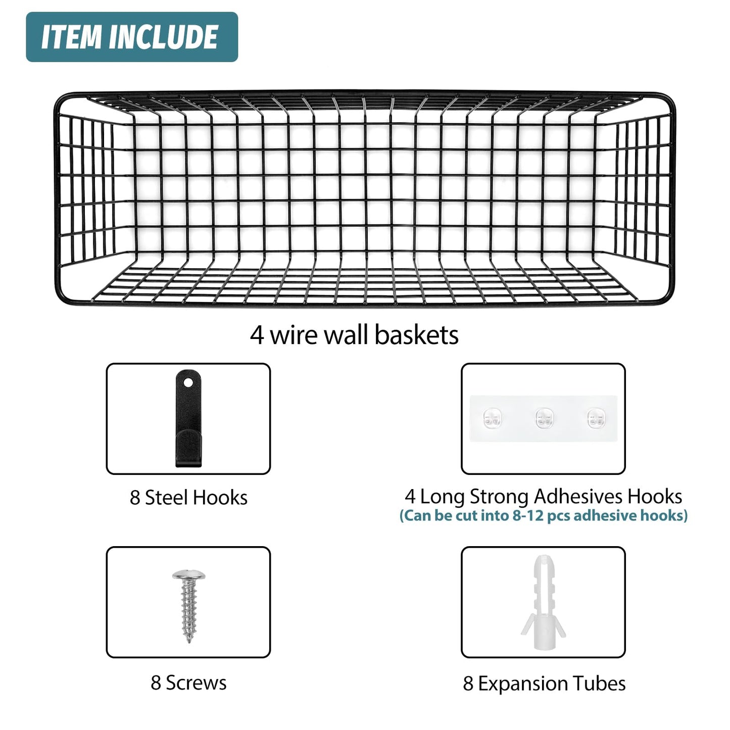 4 Set [EXTRA LARGE] Hanging Wall Mount Storage Baskets with Adhesive Hooks & Steel Hooks, Multiuse Sturdy Wire Metal Organizing Baskets for Home Kitchen Bathroom Pantry Utility Organizer, Black