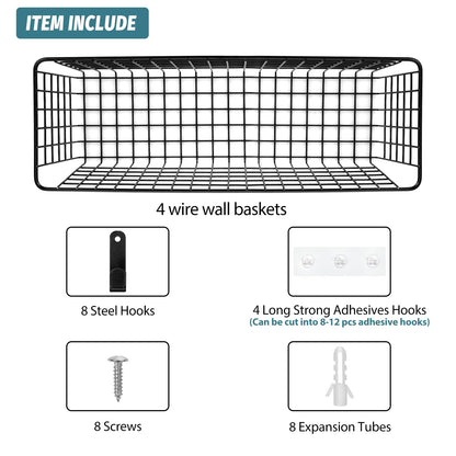 4 Set [EXTRA LARGE] Hanging Wall Mount Storage Baskets with Adhesive Hooks & Steel Hooks, Multiuse Sturdy Wire Metal Organizing Baskets for Home Kitchen Bathroom Pantry Utility Organizer, Black