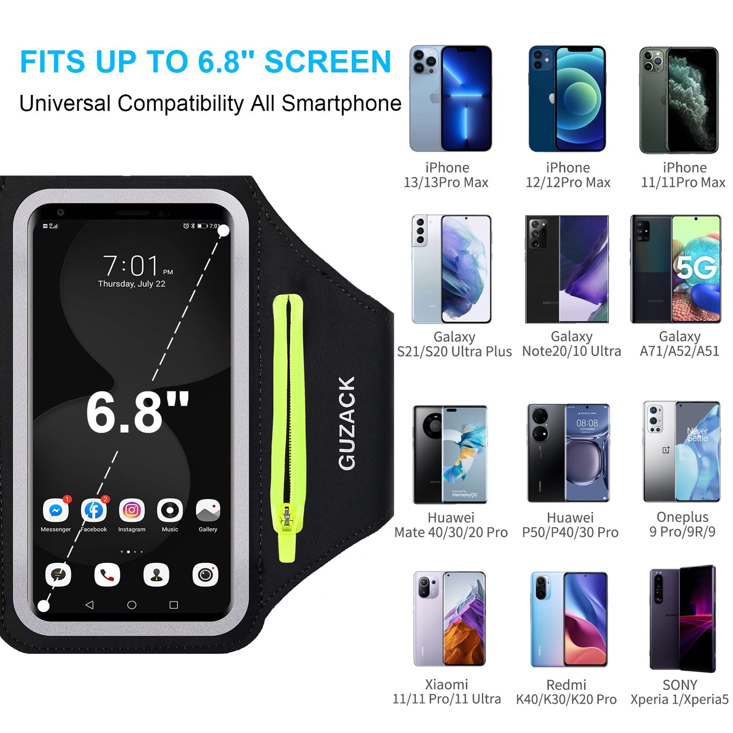 GUZACK Running Armband for iPhone 16 Pro 15 14 13 12 11 Pro Max/Plus/XR/XS, Galaxy S25/S24/S23/S22, with Card Slot & Key Pockets, Sports Arm Bands Cell Phone Holder Fit Up to 6.9 Inches Phone